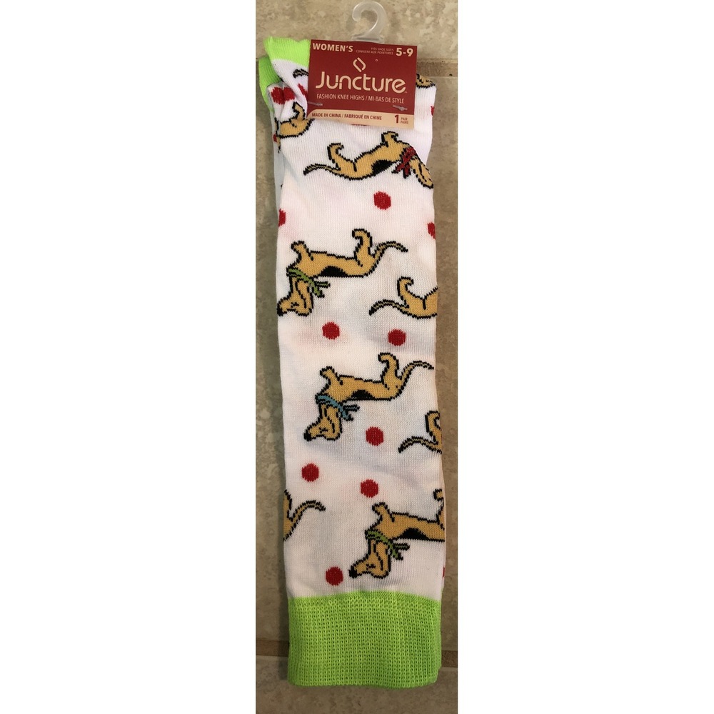 Juncture‎ Women 5-9 Knee High Socks White Dachshund Dog Polka Dot Lime Green NEW